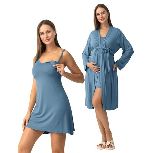 SUNNYBUY Nursing Nightgown & Maternity Robe Set for Postpartum Sleepwear | Built-In Bra, Clip-Down Nursing Dress, 3 in 1 Labor Delivery Breastfeeding Gown, Hospital Bag Pajamas