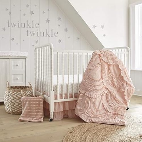 Levtex Baby - Skylar Crib Bed Set - Baby Nursery Set - Blush - Soft Cascading Ruffles - 4 Piece Set Includes Quilt, Fitted Sheet, Wall Decal & Crib Skirt/Dust Ruffle