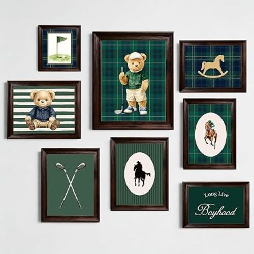 FYSUIMU 8Pcs Tartan Bear Wall Art Prints Retro Plaid Bear Horse Golf Sport Paper Posters Decorative Aesthetic Pictures for Home Nursery Bedroom, Unframed