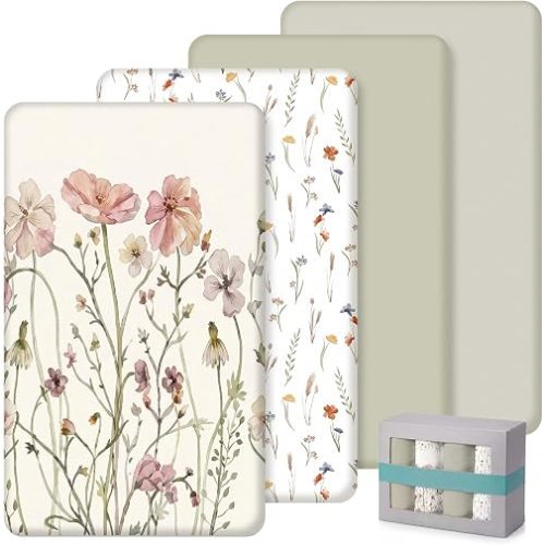 SmoothNovelty 4 Pack Boho Floral Crib Fitted Sheet for Boys Girls - 52" x 28" Fitted Baby Sheet with Wildflower Style for Standard Mattress Gift Set, Microfiber & Soft Breathable(Multicolor)