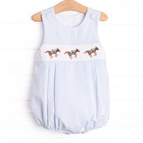 Derby Dash Smocked Bubble, Blue Seersucker – Stitchy Fish