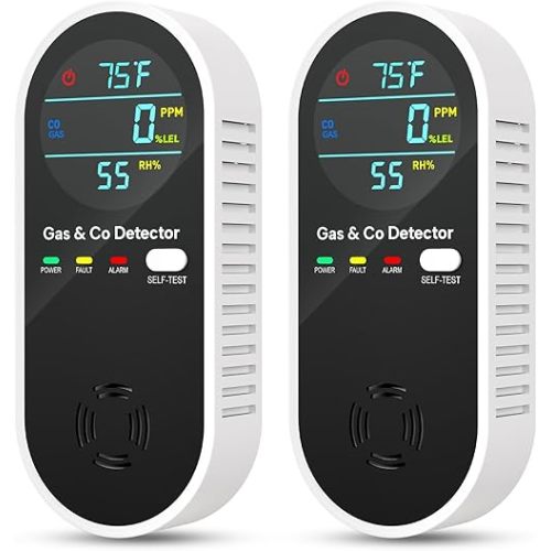 4-in-1 Natural Gas Leak Detector & Carbon Monoxide Detectors with Natural, Propane, Co & Gas Leak Detector - Carbon Monoxide Detectors Plug in -Temperature & Humidity Detectors for Home, RV (2 Packs)