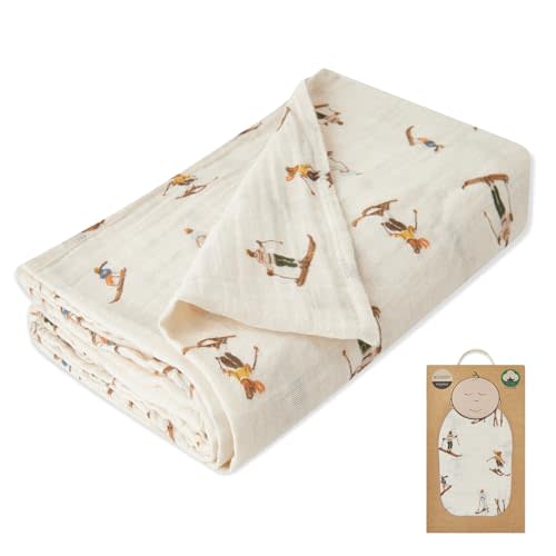 Milkbarn Cozy Wrap Swaddle Blankets - Organic Cotton Baby Receiving Blankets Gentle for Unisex Newborn Infant, Ideal for Toddler Registry, Natural Vintage Ski