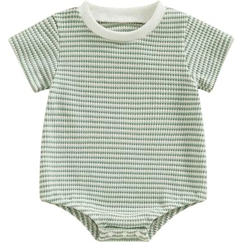 Newborn Baby Boy Girl Waffle Romper Short Sleeve Solid Striped Crewneck Bubble Oversized Bodysuit Infant Summer Outfit 0-3M & 3-6M