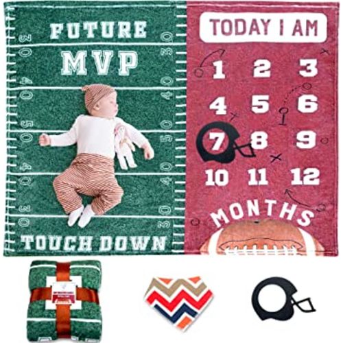 SUKOON Football Milestone Blanket for Baby Boy| Includes Frame and Bib | Large | 47"x40" | Personalized Monthly Baby Milestone Blanket for Newborn Baby Shower