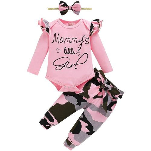 Aoswep Newborn Baby Girl Clothes, Infant Girl Outfits Long Sleeve Ruffle Romper + Floral Pants + Headband Set