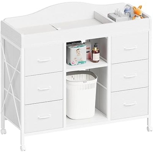 Changing Table, 6-Drawer Baby Dresser with Changing Table top, Waterproof Diaper Changing Station & Pad, 2 Height-Adjustable Open Storage Shelves, Mobile Nursery Organizer, White