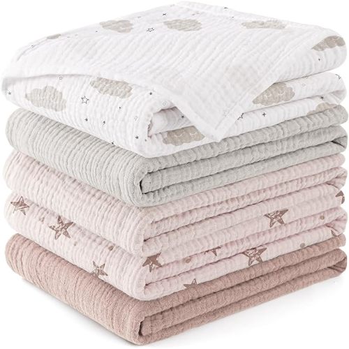 Susurration Muslin Baby Washcloths 23x23inch, Large Ultra-Absorbent 100% Cotton Baby Bath Wash Cloth Burp Cloth Soft Breathable Baby Face Towel for Newborn Baby Boy and Girl, 5Pack (Pink Star)