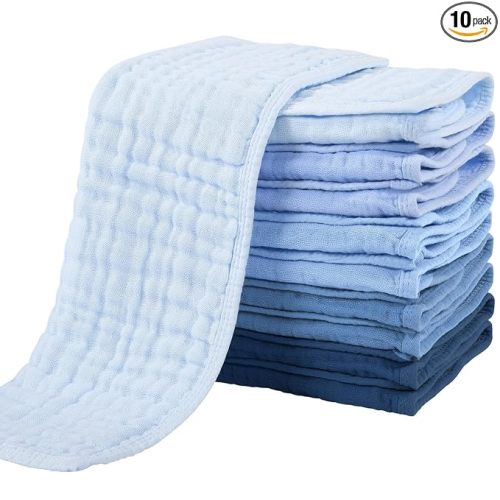 Yoofoss Muslin Burp Cloths for Baby 10 Pack 100% Cotton Baby Washcloths for Boys Girls Large 20''X10'' Super Soft and Absorbent Progressive Blue