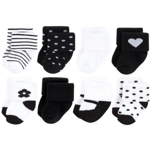 Hudson Baby Infant Girls Cotton Rich Newborn and Terry Socks 8-Pack, Black Flower, 6-12 Months