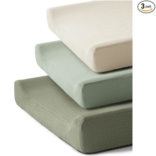 3 Pack Muslin Changing Pad Covers for Girl Boy, 100% Soft Cotton Changing Table Cover, Breathable Baby Nursery Diaper Chang Pad Sheets (Pistachio)