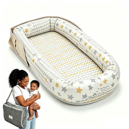 Loevin Baby Lounger for Newborn, Portable Breathable Infant Lounger for 0-24 Months Toddler, Adjustable Size Home Travel Dual-Purpose Baby Nest (Beige)