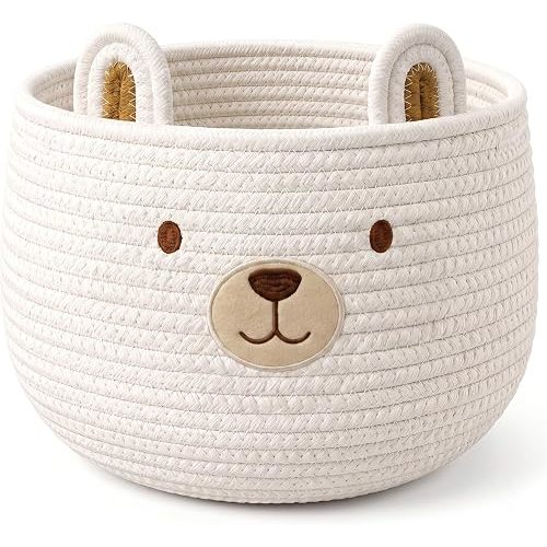 Large Bear Basket for Gifts Empty, Cute Woven Rope Storage Basket, White