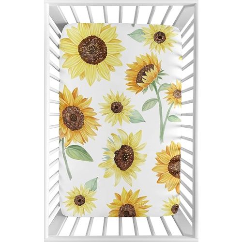 Sweet Jojo Designs Yellow, Green and White Sunflower Boho Floral Girl Baby Nursery Fitted Mini Portable Crib Sheet for Mini Crib or Pack and Play ONLY - Farmhouse Watercolor Flower