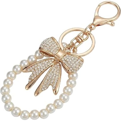 2 Pack Rhinestone Bow Keychain with Pearl Chain Purse Charm Bag Charms for Handbags Backpacks and Keys White and Gold