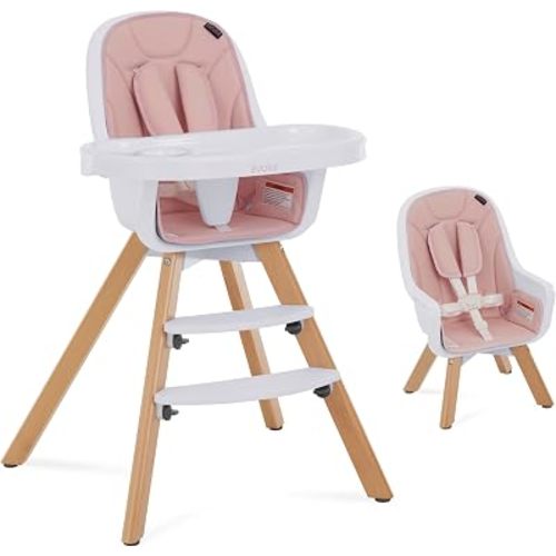 Evolur Zoodle 2-in-1 High Chair for Baby & Toddler – Convertible High Chair to Toddler Chair, Padded Seat, 5-Point Safety Harness, Dual Dishwasher-Safe Trays, Solid Beechwood Legs – Pink