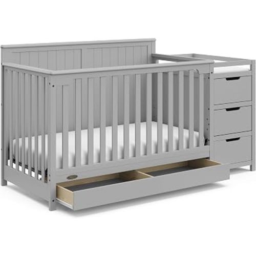 Graco Cuna convertible 5 en 1 y cambiador con cajón, gris guijarro - Cuna, cambiador y cama para niños pequeños