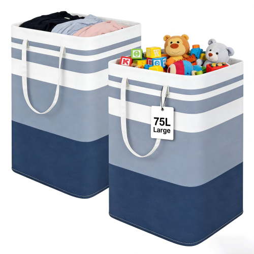 TIJITY 2 Pack Freestanding Laundry Basket, Waterproof & Large Laundry Hamper, Collapsible Clothes Hamper with Reinforced Handles for Family and Dorm, Bathroom, 75L