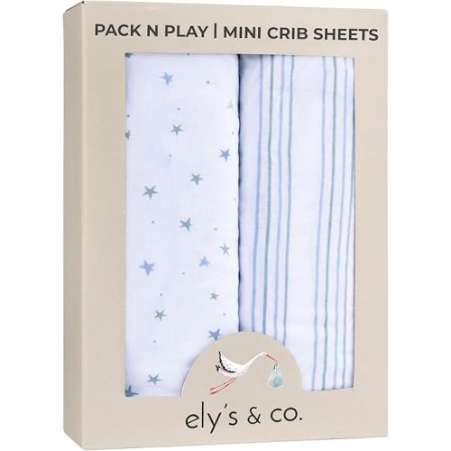 Ely’s & Co. Pack and Play Sheets, for Mini/Portable Crib, 2 Pack Fitted Playpen Play Yard Sheet Set Compatible with Graco Pack n Play, for Baby Boys, 100% Cotton, Blue Stars and Stripes, 38”x24”x5”