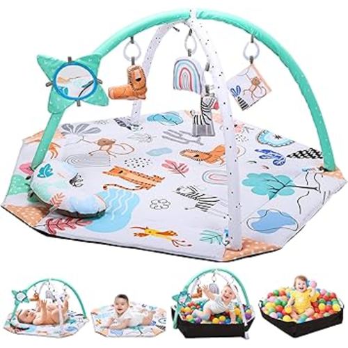 Baby Play Gym Mat, Baby Activity Tummy Time Mat with 5 Toys, Baby Essentials Gift Toys for Infant