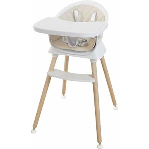 3-in-1 Wooden High Chair for Babies & Toddlers – Convertible Baby Highchair with Tray, Booster Seat & Kids Chair – Modern, Easy-to-Clean Design, Adjustable Legs, Safety Harness, Beige