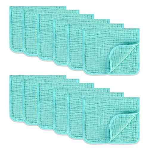 Muslin Burp Cloths 100% Cotton Pack of 12. Soft, Gentle & Absorbent Baby Burp Cloths for Baby Girl & Boys. (Light Blue 12 Pieces)