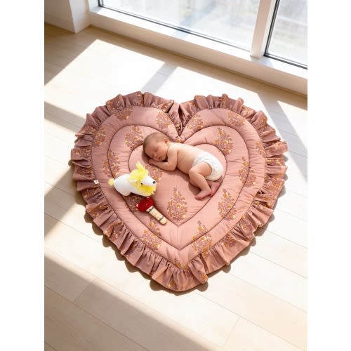 Heart Shaped Baby Play Mat, Vintage Wine Ruffle, Padded Cotton