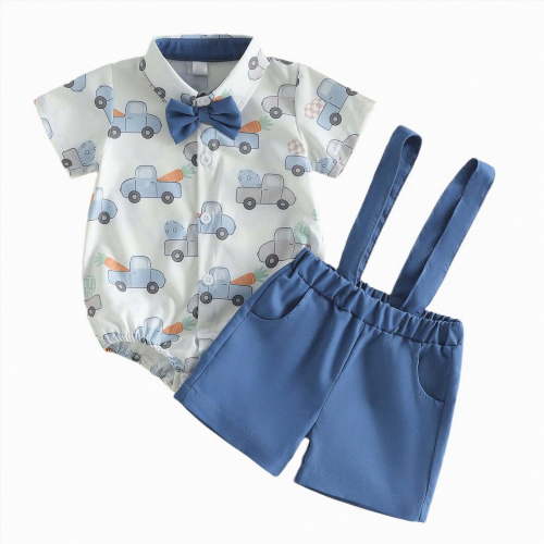 mgoYE Baby Boy Clothes 12-18 Months Infant Baby Boy Easter Outfit Car Print Short Sleeve Romper Suspender Shorts Set 2Pcs Summer Clothes(Blue,6-12 Months)