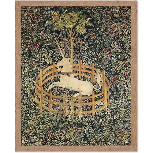 Poster Master Vintage Mythology Poster - Retro Fantasy Print - Gift for Artist, Friend - Unicorn in Captivity, Tapestry, Hunt, Aesthetic - Wall Decor for Home, Living Room, 8x10 Beige Framed