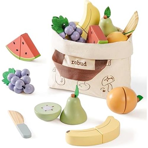 ROBUD Wooden Play Food for Kids Kitchen Cutting Set - Toddler Realistic Pretend Play Food Toys, Montessori Learning Toys for Children, Educational Role Play Gift for Boys Girls 3+ (Fruit Set)