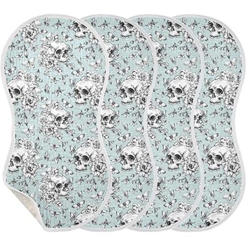 Muslin Burp Cloths for Baby Boys and Girls - 4-Pack Ultra Absorbent Goth Skull Muslin Washcloths, Newborn Towel, Milk Spit Up Rags, Burp Cloth Bib for Unisex, 22 x 11 Inch