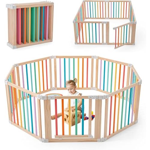 Baby Wooden Playpen, Foldable Shape & Size Adjustable Playpen for Toddler and Babies, Wood Baby Play Yard with Locking Gate, Large Pack and Play for Play Area Indoor(Multicolor, 8 Panel)