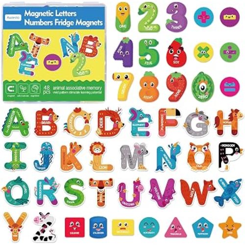 48Pcs Magnetic Letters and Numbers Fridge Magnets, 26 Uppercase Letters 0-9 Numbers Refrigerator Magnets Cute Animal Alphabet Magnets for Student School Learning Spelling