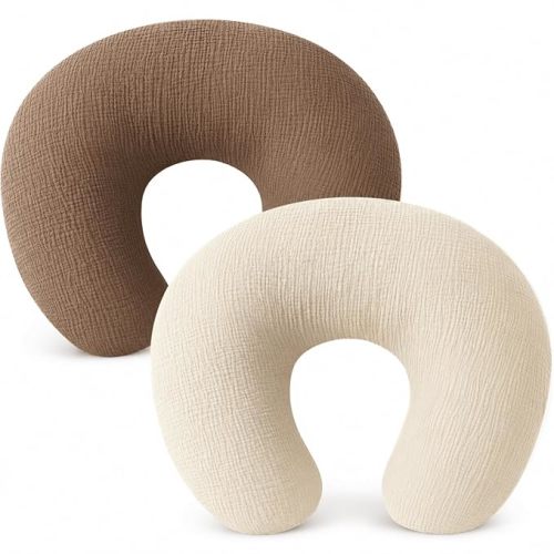 Pro Goleem Muslin Nursing Pillow Cover, 100% Cotton Soft Breathable Feeding Pillow Slipcover for Breastfeeding Moms, Fits Standard Infant Nursing Pillow, for Boys and Girls, 2 Pack (Brown＆Beige)