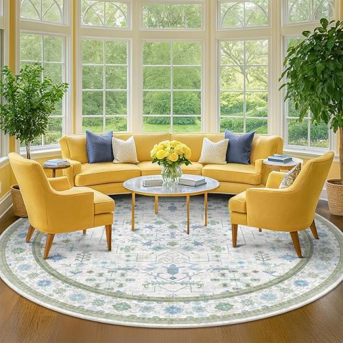 Hazo Haus Oushak Large Round Rug for Living Room - 8ft Circle Area Rug for Kids Playroom, Bedroom, Home Office, Foyer, Non Slip Washable Blue and Green Floral 8 x 8 Décor