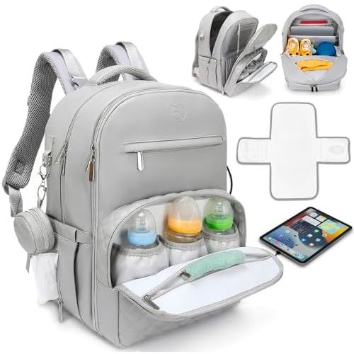 Award-Winning Premium Leather Diaper Bag Backpack – Stylish, Durable, Waterproof Vegan Leather with PEVA Changing Pad & Baby Headrest, Travel-Friendly, Organized for Busy Parents