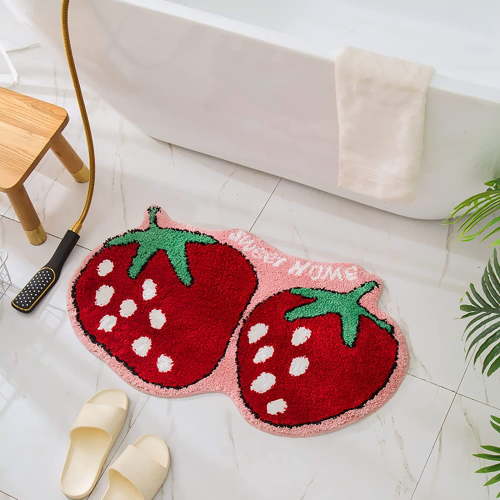 UKELER Cute Strawberry Shape Bathroom Rug for Kids Non Slip Absorbent Bath Mat Washable Shaggy Kids Bedroom Decor Bathroom Door Mat 31.5''x19.7''