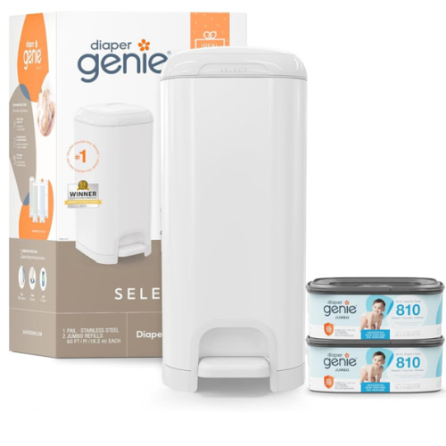Diaper Genie Select Pail Registry Gift Set (White) | Made of Durable Stainless Steel Metal | Includes 2 Jumbo Refills | Holds 1620 Newborn Diapers