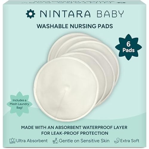 Nintara Baby Reusable Nursing Pads – 4-Layer Organic Bamboo Cotton, Ultra-Soft, Absorbent & Leak-Proof, Contoured Comfort Fit, Pack of 6 with Laundry Bag