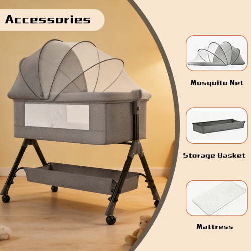 Bedside Bassinet Baby Crib, Baby Bassinets Bedside Sleeper with Large Curvature Cradle, Height Adjustable, Movable Bedside Crib with Mosquito Net and Wheels, Load-Bearing 22.04 Pounds 1 Set