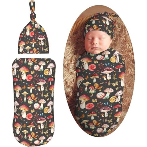 Mushrooms Snail Butterflies Newborn Swaddle Blankets Hat Sets Soft Baby Receiving Blanket Swaddle Sack for Baby Shower Infant Boy Girl Gift