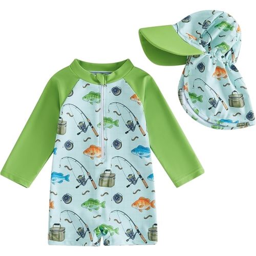 Infant Baby Boy 4th of July Swimsuit Toddler Rash Guard Baby One Piece Swimwear Sunsuit Bathing Suit Beachwear Hat
