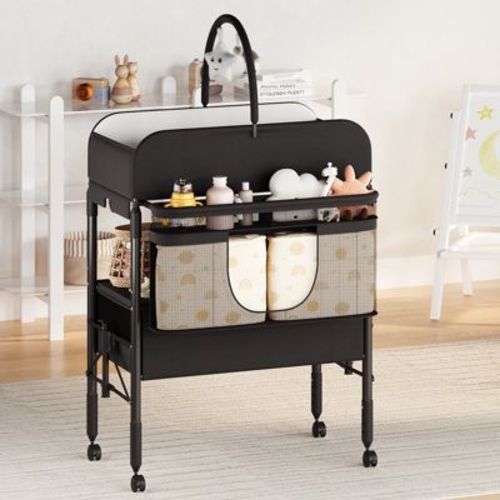 Multifunctional Baby Changing Table, Height Adjustable, with Storage Baskets, 2 Drawers & Toy Rack, Mobile Nursery Organizer for Newborn Baby Care