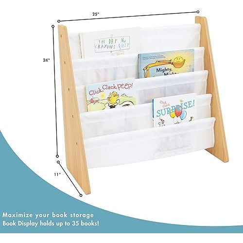 Humble Crew 4-Tier Kids Bookshelf, Natural Wood/White - Premium Book Shelf for Kids Rooms with Four Deep Pockets - Toddler Sling Book Rack with Deep Sleeves, Nursery Bookcase Organizer
