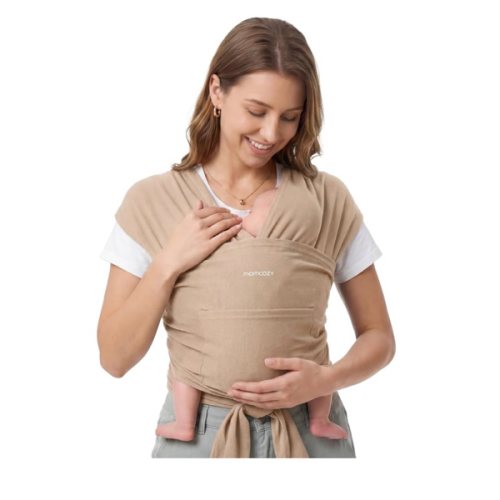 Momcozy Baby Wrap Carrier - Easy to Wear Infant Carrier Slings, Lightweight Hands Free Baby Sling, Adjustable Baby Wraps Carrier for Newborn to Toddler 8-35 lbs, Baby Travel Gear, Light Curry