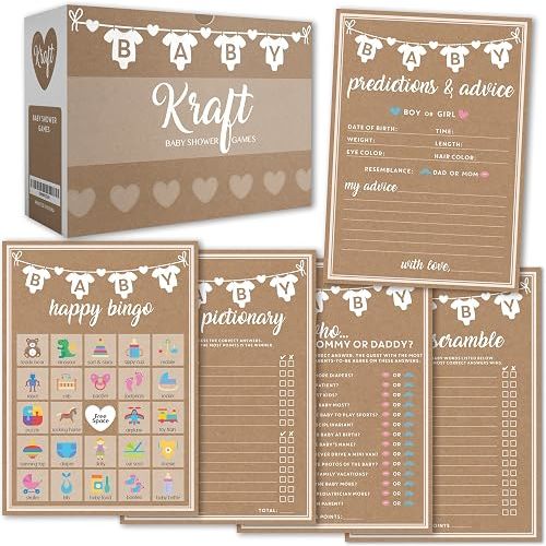 Party Hearty Baby Shower Games for Girl or Boy, 250 pcs 5 Games Activities Cards, Funny Baby Shower Games, Gender Neutral, Baby Shower Ideas