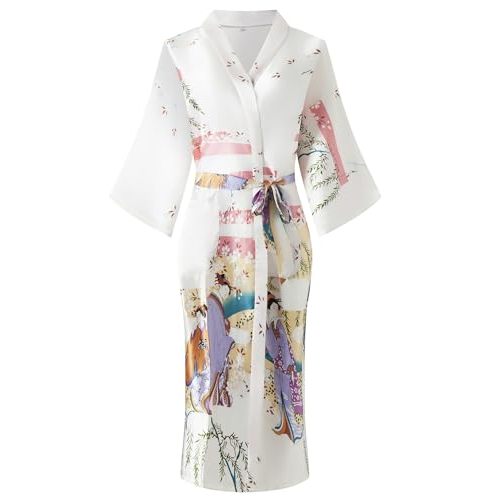 Women's Floral/Patterned Silky Kimono Robes Long Satin Bathrobes Sleepwear Loungewear