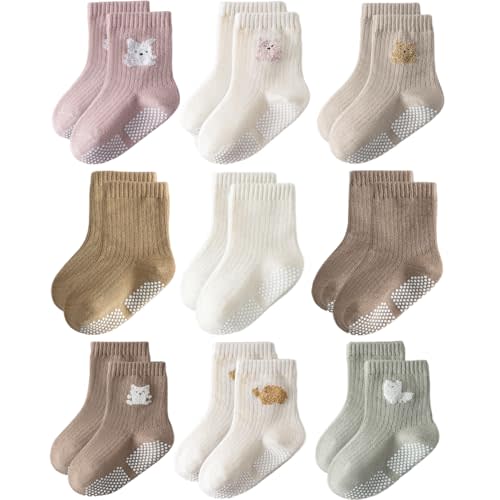 Toddler Grip Socks Non Slip Crew Socks Cute Seamless Cotton Socks for Baby Boys Girls Infants Kids 9 Pairs