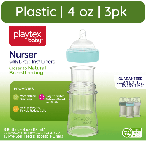 Playtex Baby Nurser Clear Anti-Colic Baby Bottle with 15 Drop-ins Liners, 4 oz, 3 pack