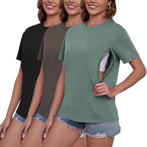 Ecavus Women's 3-Pack Nursing Shirts for Breastfeeding with Hidden Zippers Loose Fit Maternity Tops
